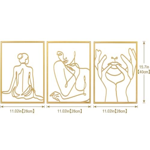 XIAOMAGG Lot de 3 décorations murales en métal doré - Décoration murale simple - Art moderne abstrait - Corps féminin - Décoration murale à suspendre pour chambre à coucher, salon, salle de bain