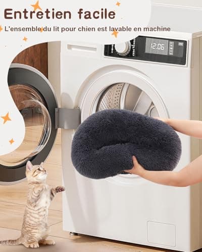 KSIIA Panier Chien Chat, Coussin Chat en Peluche Lavable, Ø 50 cm, Lit en Forme de Donut, Lit Rond pour Chat, Tapis pour Petit Chat et Chien, Gris Foncé