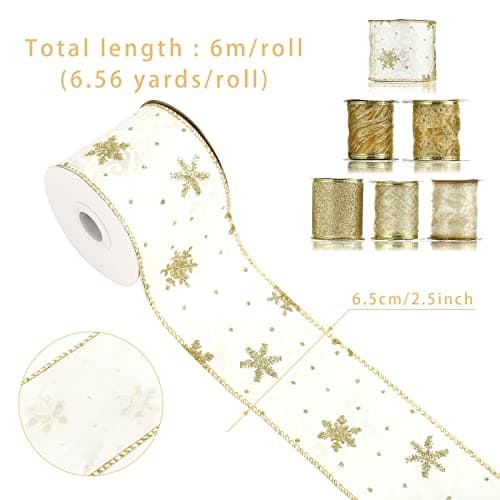 LIHAO 6 Rouleaux de Ruban de Noël, Runban de Soie Pailleté pour Décoration de Sapin de Noël, Fête de Mariage, Emballage de Cadeau (600×6.5CM, 6 Motifs)