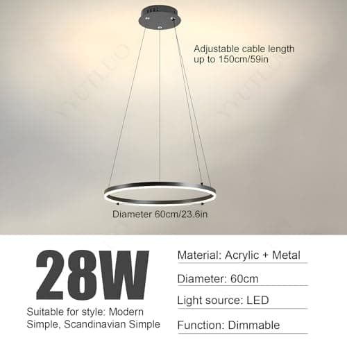 YYUTLUO Lustre LED Moderne DIY Cercle | 1 Noire Anneaux :60cm=29W| Éclairage Suspendu LED Métal+Acrylique Télécommande Intensité Variable 2,13G Lampe Suspendue Plafond Ronde Salon Chambre Coucher