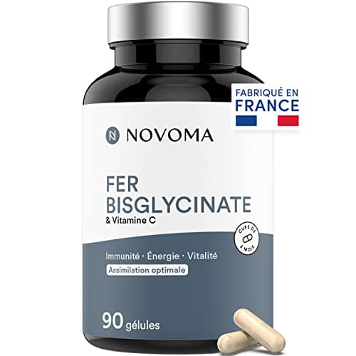 NOVOMA Fer Bisglycinate 14 mg + Vitamine C, Haute Absorption, Immunité & Anti-fatigue, Cure de 3 mois, Complément Alimentaire Fer breveté Ferrochel®, 90 Gélules Vegan, Fabriqué en France