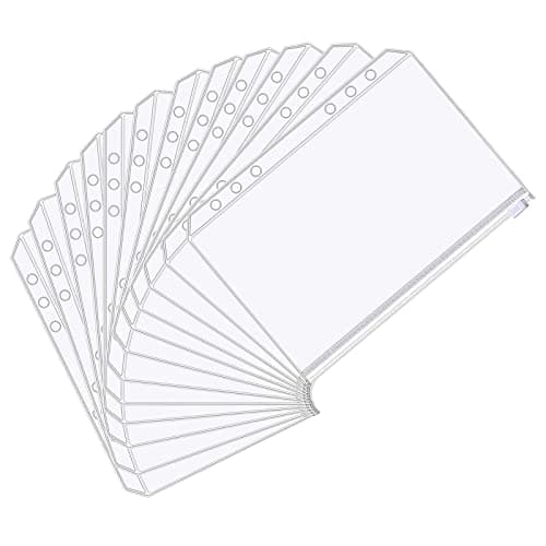 Pochettes Classeur 6 Anneaux A5 Pochette Plastique A5 Transparent Étanche PVC Dossiers à Glissière 6 Trous Sacs Zippés à Feuilles Mobiles pour Documents Cahiers Cartes Taille A5 12 Pièces