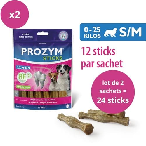 PROZYM RF2 Pack 2x12 Sticks - Spéciale Hygiène Dentaire Naturelle - Recommandé par des Vétérianire - Formule Vegan pour Chien - 24 Sticks (-25kg)