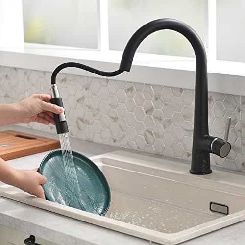 TIMACO Robinet de cuisine noir haute pression extensible pivotant à 360 °, mitigeur de cuisine avec douchette, deux motifs d'écoulement