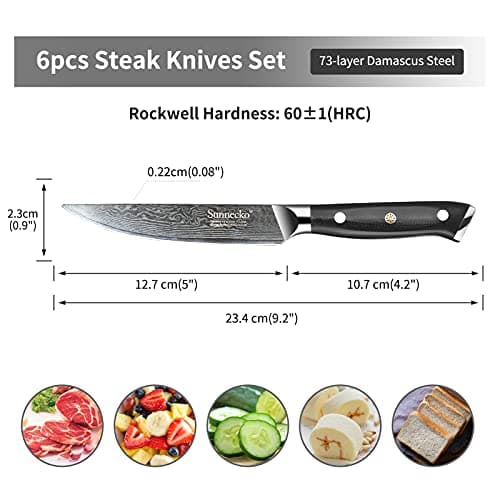 Sunnecko Couteaux à Steak Damas 6 Pièces, Coffret de Couteaux de Table en Acier Damassé 73 Couches, Set Couteau Cuisine Japonais Lame 13cm, Couteau Viande Manche G10