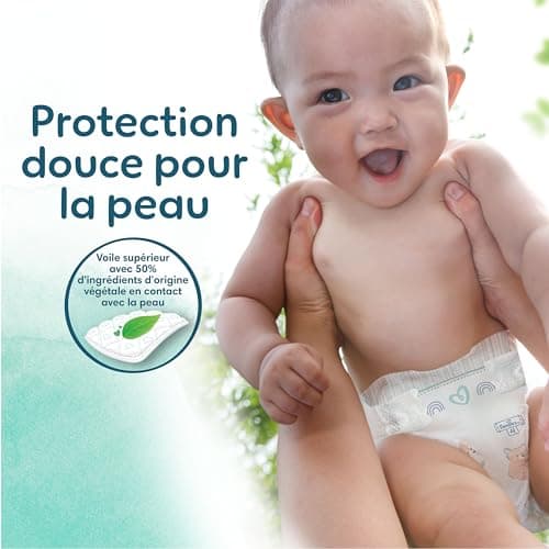 Pampers Harmonie, Taille 1, 180 Couches, 2-5kg, Protection Douce pour la Peau, Ingrédients d’origine végétale en contact avec la peau de bébé, Avec un Emballage Recyclable en Papier, Pack 1 Mois