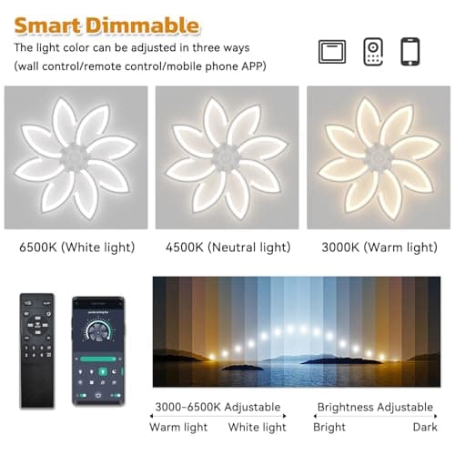 Lustre Ventilateur de Plafond, Ventilateur Plafond avec Lumiere Silencieux, Plafonnier Ventilateur Fleur Design Moderne, Dimmable, Fonction Mémoire, 6 Vitesses, Moteur DC, Réversible Eté Hiver, Bianco