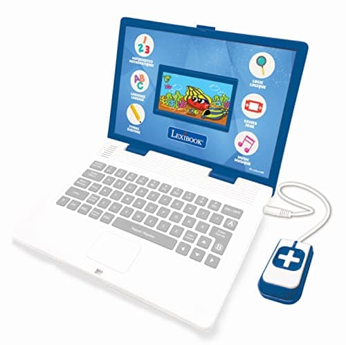 Lexibook, Ordinateur Portable éducatif bilingue Anglais/français, écran Couleurs, 130 activités de Langue, écriture, mathématiques, logique, Musique et Jeux, Bleu, JC798i1