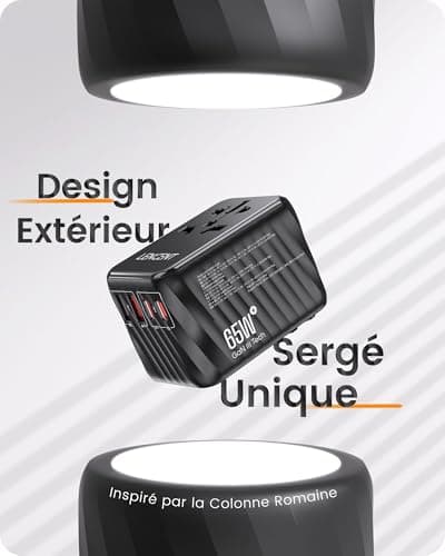 LENCENT 65W GaN III Adaptateur prise électrique avec 2 PD3,0 USB C+2 QC USB A Prise voyage universelle Téléphone PC Charge Rapide international vers UK USA AUS Canada Italie Chine Japon Thaïlande Noir