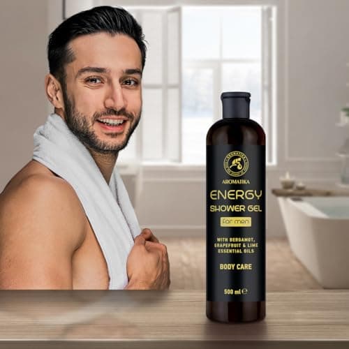 Gel Douche Homme Énergie 500ml - Gel à l'Huile Essentielle de Bergamote - Huile Essentielle de Pamplemousse - Huile Essentielle de Citron Vert - Soin de la Peau - Nettoyant et Soin - Parfum Frais