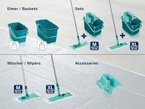 Leifheit Set Combi Clean M, seau et balai essoreur faciles d'utilisation, balais serpillière avec mécanisme d'essorage intégré, kit de lavage sol vert