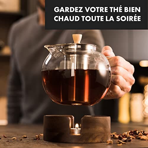 GLASWERK théière en verre avec chauffe-théière - (1,3L) Théière avec infuseur thé infuseur thé inox élégante poignée en bois, avec passoire en acier inoxydable, théière en verre avec infuseur