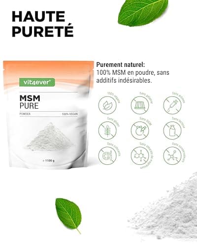 MSM en poudre - 1,1 kg (1100g) - - méthylsulfonylméthane cristallin pur à 99,9% - Facteur de maille 40-80 - Testé en laboratoire - Soufre organique - Végétalien