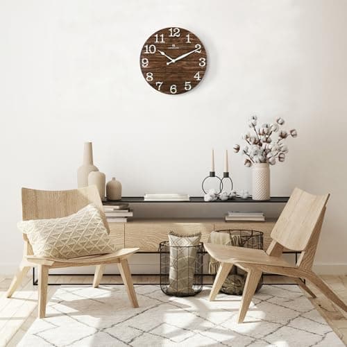 Lafocuse Horloge Murale Bois Silencieuse Retro, Rustique Vintage Pendule Murale Marron, Shabby Chic Deco sans Tictac Maison Salon Cuisine Chambre Bureau 30cm