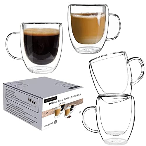 Lot de 4 Tasses à café en verre à double paroi avec manches, tasses isothermes légères, résistant à la chaleur pour cappuccino, latte, thé, (4 pièces, 350 ml)