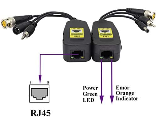 AAOTOKK BNC à RJ45 Émetteur-Récepteur DC Power Passive Audio Video Balun HD-CVI/TVI/AHD/CVBS avec Prise DC pour 720P-1080P 3MP 4MP 5MP 8MP CCTV Security DVR Système Caméra Surveillance (19cm/4Paires)