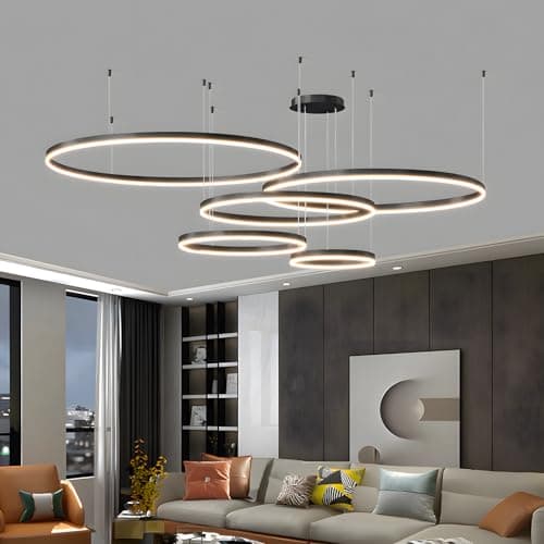 YYUTLUO Lustre LED Moderne DIY Cercle | 5 Noire Anneaux :20+40+60+80+100cm=130W | Éclairage Suspendu LED Métal+Acrylique Télécommande Intensité Variable 2,4G Lampe Suspendue Plafond Ronde Salon