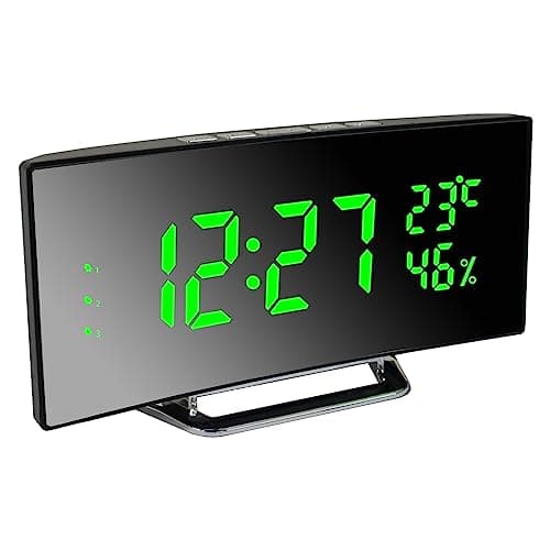 Derkiewn Réveil numérique, Grand écran LED de 6,5 Pouces, réveil de Chevet avec température et humidité, Horloge Miroir avec 3 réveils, luminosité réglable, Sieste, Alimentato USB (Vert)