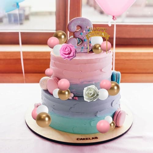 Lot de 48 boules de décoration de gâteau, Happy Birthday décoration de gâteau pour Anniversaires, Boules en mousse rose blanc et doré pour Fête d'anniversaire pour Shower de bébé Mariage