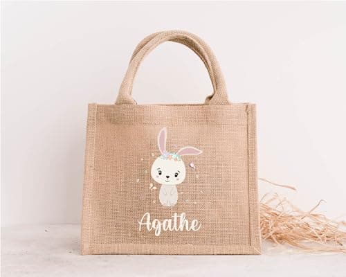 Sac en Jute de Pâques Personnalisé – Motif Lapin + Prénom – 20x30 cm – Idéal Chasse aux Œufs, Cadeau Enfant