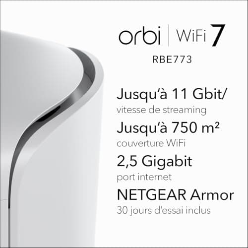 NETGEAR Orbi Système WiFi 7 Mesh Tri-Bande (RBE773) - Pack de 3 - Couverture de 750m2, 100 appareils - Port internet 2,5 Gbit/s - BE11000 (11 Gbit/s) - compatible mur épais et toutes box