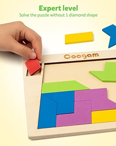 Coogam Blocs de puzzle en bois géométrique Tangram casse-tête puzzle 3D logique QI jeu coloré motif STEM jouets éducatifs cadeau 60 défis pour tous les âges