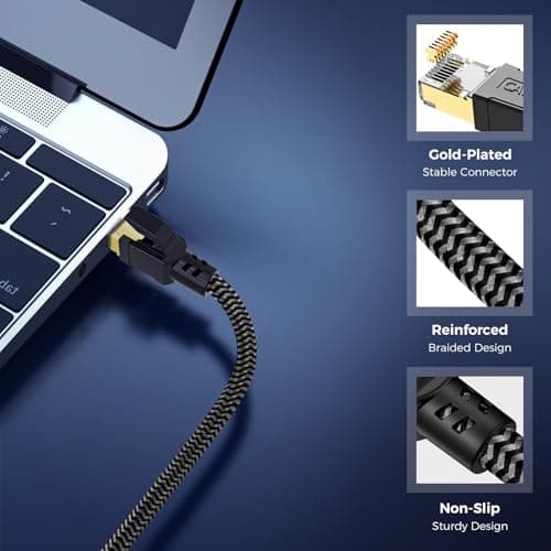 CABNEER Câble Ethernet 15M, RJ45 Cat 8 Câble Réseau 40Gbps 2000MHz Haut Débit S/FTP Câble, Nylon Tressé Double Blindage LAN Câble Internet, Compatible avec Routeur Modem TV