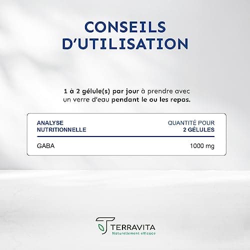GABA 1000 mg | 120 Gélules | 100% Pur sans Excipients | Lutte contre le Stress et la Nervosité | Favorise une Humeur Positive et un Sommeil Réparateur | Cure de 2 mois | Made in France | Terravita