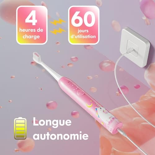 Brosse à Dents Électrique Enfant 3-6-8-12-18 Ans, Brosse a Dent Electrique Enfant Rechargeable Avec Minuteur, Autocollants pour Habitudes et 4 Têtes Douces Pour Kids Filles Et Garçons (Licorne Rose)
