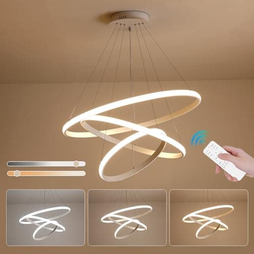 LED Suspension Luminaire 76W Lampe Suspendue à Dimmable, Lustre Chambre Réglable en Hauteur, Moderne Plafonnier LED Suspension pour Salle à Manger Salon Cuisine, 3Ring Φ20+40+60cm (Blanc)