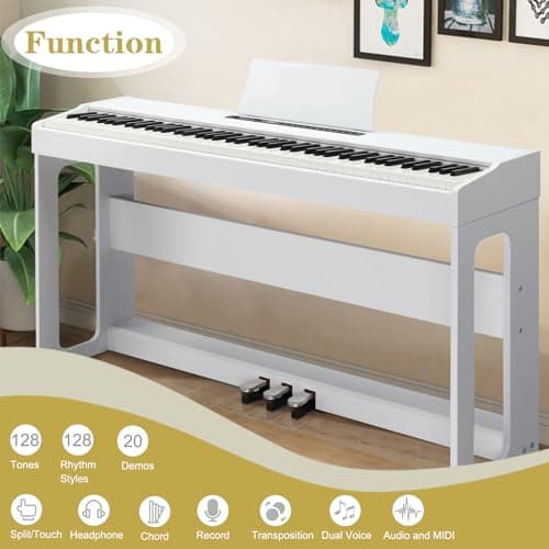LEADZM Piano Numérique 88 Touches, Clavier Entièrement Lesté, Piano Électrique avec MIDI-USB, Bluetooth et Haut-Parleurs Stéréo, 128 Sonorités et Rythmes, Système à 3 Pédales, Blanc
