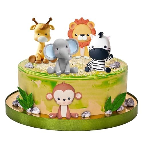Gâteau Topper Jungle, 5 Pièces Animaux Gâteau Décoration, Decor Gateau Animaux la forêt, Girafe,Lion,Singe,Éléphant,Zèbre pour Enfants Fête d'anniversaire Animaux de la Jungle Gâteau Décoration