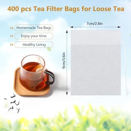 Vinabo 400 Filtre à Thé Papier Jetable, Sachet The a Remplir Jetable avec Cordon de Serrage, 7 X 9 cm Sachet de Thé Réutilisable, pour Thé En Vrac, Café, Thé de Fleurs, Herbes, Epices, Lavande