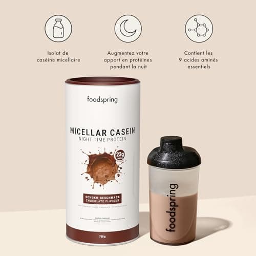foodspring Caséine Micellaire en Poudre - isolat d' caséine protéine - avec tous les EAA - sans sucre - 23g de proteine par shake (750g | Chocolat)