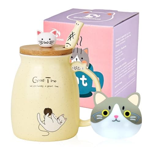 Chat Tasse Jolie tasse à café en céramique avec couvercle et cuillère en bois chat kawaii Nouveauté Morning Cup Tasses à thé au lait au café Tasses de chat pour les amoureux des chats Femmes (Jaune)