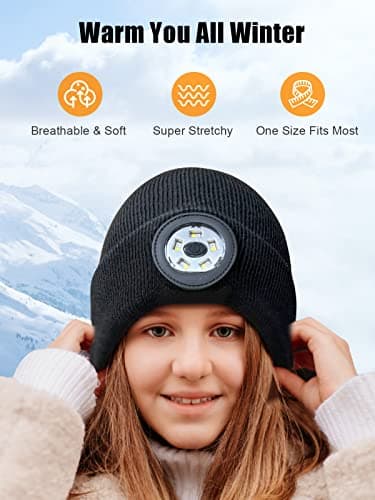 UNBON Bonnet Bluetooth avec LED Lampe, Idée Cadeau Homme Bonnet Bluetooth Lampe Frontale Rechargable Cadeau Noël Original Bonnet LED Bluetooth avec Écouteur Stéréo Tricoté Hiver Chaud pour Homme Femme