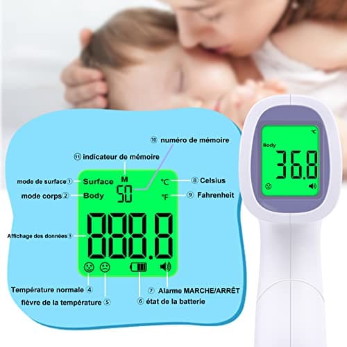 Thermomètre Frontal Adulte, Thermometre Infrarouge pour Enfant, Thermometre Numérique sans contact, Écran LCD, Fonction Mémoire, Mode Objet et Corps, Alerte Fièvre, Mesures Rapides et Précises