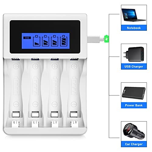 BONAI Chargeur Piles Rechargeable, 4 Slots LCD Charge Rapide de pour Ni-MH/Ni-CD AA AAA Rechargeable Pile avec Port USB