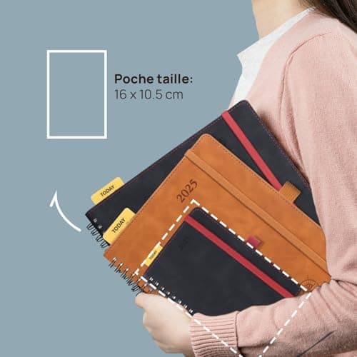 POPRUN Agenda de Poche 2025 Semainier et Carnet de Notes 16 x 10,5 cm - Couverture Spirale en Cuir A6 petite Planner, D'Jan 2025 à Déc 2025, Règle signet, Papier 100 g/m2, Pétrole Vert-PTL
