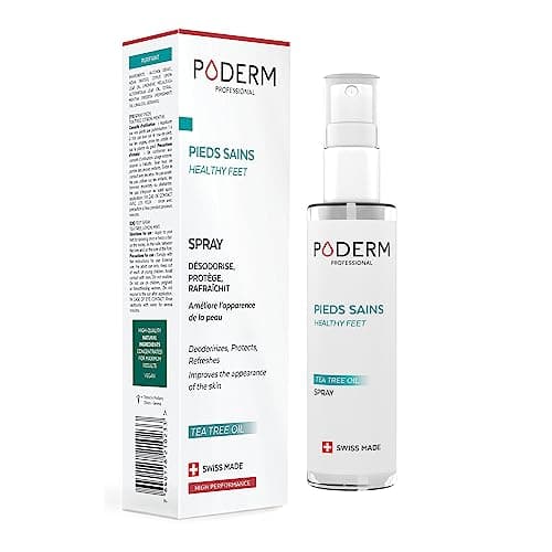 PODERM - MYCOSE PIEDS ATHLETES SPRAY TEA TREE 3en1 | Désodorisant (anti odeur), anti transpirant et purifiant | Élimine 99,9% des champignons | Soin professionnel pied | Facile & rapide | Swiss Made