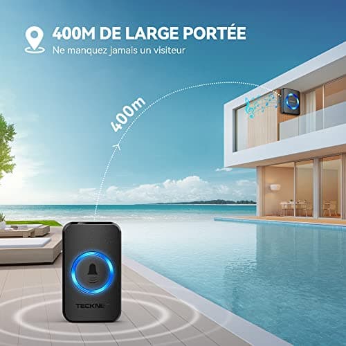 TECKNET Sonnette sans Fil, IP65 Exterieur Étanche Carillon 400 Mètres Two Récepteur Sonnette Electronique, 60 Mélodies 5-Niveaux LED Bleu, pour Maison, Hôtel, Urgence