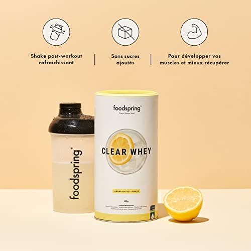 foodspring Clear Whey, Limonade, 480g, Shake protéiné léger et rafraîchissant de Whey Isolate premium.
