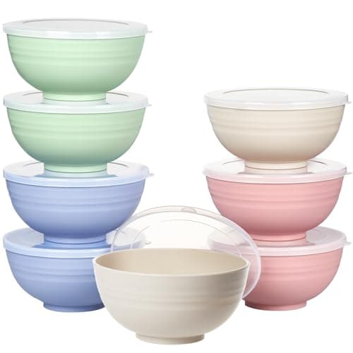 Greentainer Lot de 8 grands bols à céréales incassables avec couvercles – Lot de 8 bols en plastique légers de 700 ml – Passe au lave-vaisselle et au micro-ondes – Pour céréales, salade, soupe,
