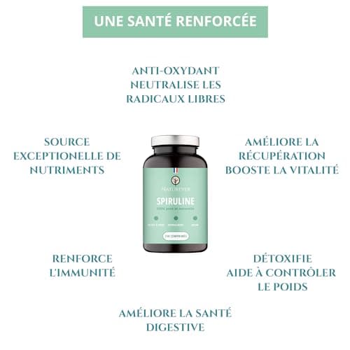 Spiruline - Naturever - Qualité supérieure, 100% pure et naturelle, sans excipients, séchée à froid, 22% de Phycocyanine, 550 cpr Vegan 500mg, Protéine, Fer, Antioxydants - Conditionnée en France