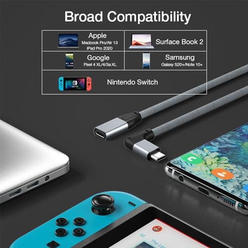 UseBean Câble Extension USB C à Angle Droit 1.8M, Coudé 90 Degrés USB C 3.1 Gen 2 10Gbps PD Charge Rapide,Rallonge Mâle vers Femelle Type C,pour hub,MacBook,iPad Pro/Mini,Galaxy S24, iPhone 15