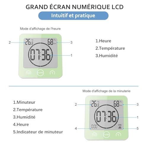 Horloge de Salle de Bain, Horloge de Douche Contrôle Tactile étanche, Alarme Numérique LCD, Thermomètre Hygromètre, Minuterie de Compte à Rebours, Alimenté par Pile, pour Maquillage Cuisine (Vert)