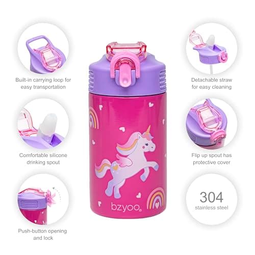 bzyoo Bouteille d'eau pour enfants 473,6 g – Étanche et facile à ouvrir ! Rose avec motifs de licorne mignons. Dispose d'une poignée et d'une fermeture sécurisée. Comprend une paille pratique pour une