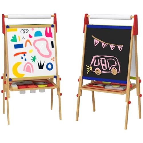 AIYAPLAY Chevalet peinture pour enfants, tableau enfant double face 3 en 1, avec rouleau de papier, tableau blanc et noir hauteur réglable, avec accessoires de peinture, enfants 3-8 ans, bois naturel