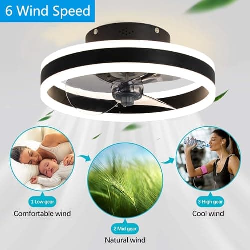 AHWEKR Petit Ventilateur de Plafond LED 40CM avec lumière pour Une Utilisation en Toute sécurité, 6 Vitesses, LED réversible et dimmable, 3 températures de Couleur en Option,Noir
