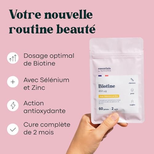 Biotine avec Sélénium et Zinc, Accélère la Pousse des Cheveux, Cure de 2 mois, 60 Gélules Végétales, Complément Alimentaire de Vitamine B8, Fabriqué en France, Essentials by Novoma